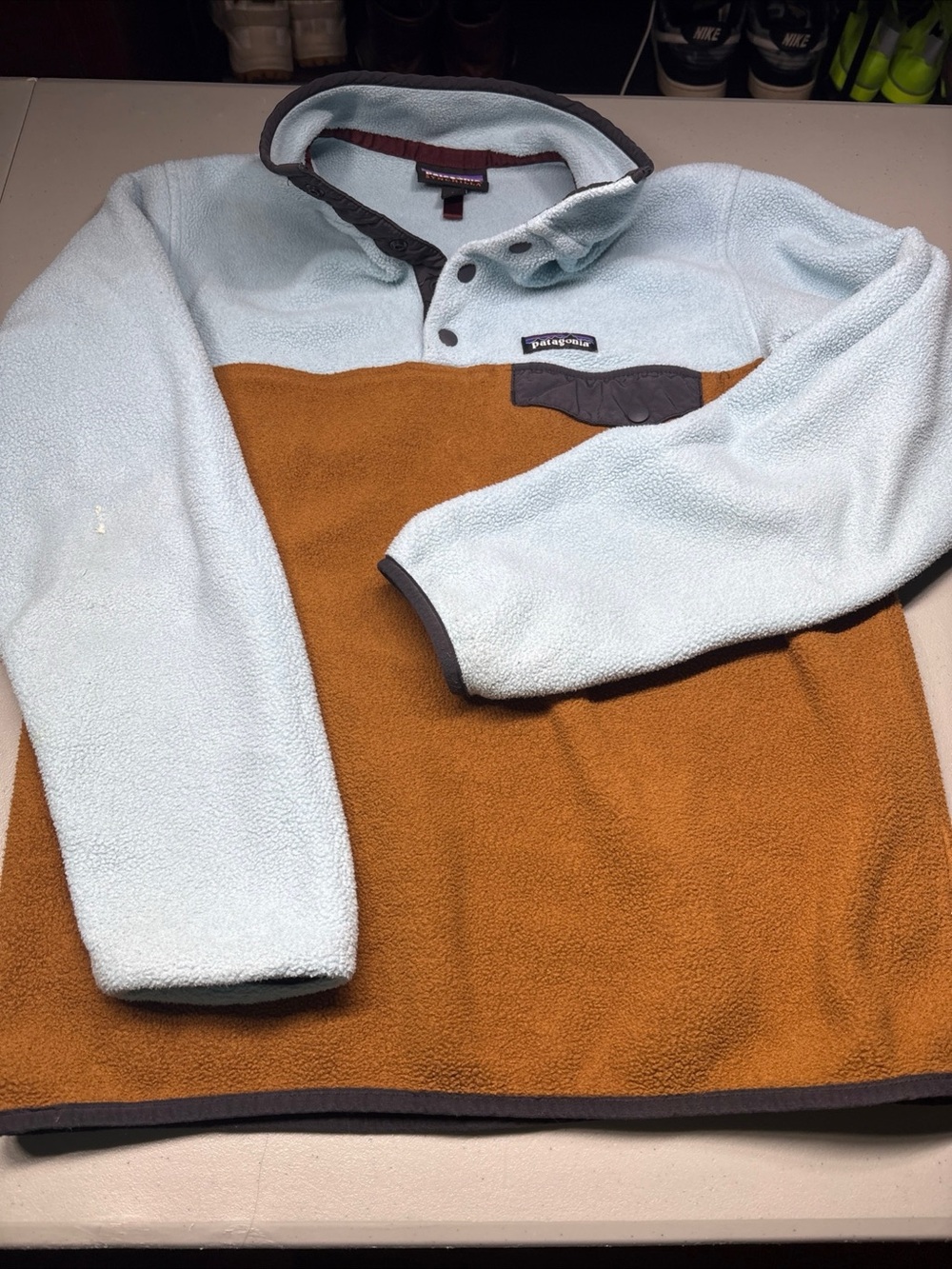 Patagonia Synchilla Snap-T Fleece Pullover Mens Small Blue Brown 1/4 Snap Pocket